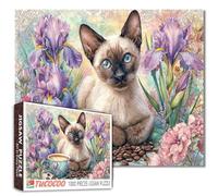 Cat Coffee Challenging Puzzle per adulti 1000 pezzi Iris L. Gattino siamese floreale con occhi azzurri nella scena del giardino Puzzle rilassante per donne uomini gioco familiare notte regalo per gli