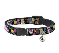 Cat Collar Breakaway with Bell Alice/Cheshire Cat/Flowers Poses Black/Multi Colo