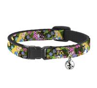 Cat Collar Breakaway with Bell Alice & Cheshire Cat Poses/Flowers NARROW Fits 8.