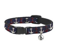 Cat Collar Breakaway with Bell Anchor3 C/U Navy/Red/Cream NARROW Fits 8.5-12"