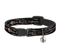 Cat Collar Breakaway with Bell BD Skull LIVE FAST AS LIGHTNING Black/Light Orang