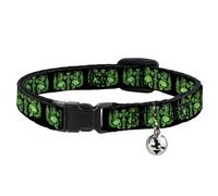 Cat Collar Breakaway with Bell BD Skulls w/Wings Black/Green NARROW Fits 8.5-12"