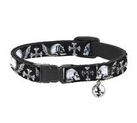 Cat Collar Breakaway with Bell BD Skulls w/Wings Black/White NARROW Fits 8.5-12"