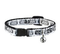 Cat Collar Breakaway with Bell BD Skulls w/Wings White/Black NARROW Fits 8.5-12"