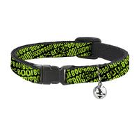 Cat Collar Breakaway with Bell BOO Text Skull and Crossbones Black/Green NARROW
