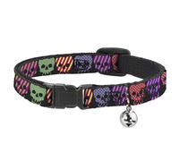 Cat Collar Breakaway with Bell Checker & Stripe Skulls Black/Multi Neon NARROW F