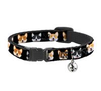 Cat Collar Breakaway with Bell Corgi 3-Faces Black NARROW Fits 8.5-12"