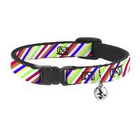 Cat Collar Breakaway with Bell Diagonal Stripes White/Multi Neon NARROW Fits 8.5