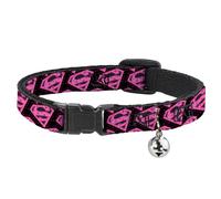 Cat Collar Breakaway with Bell Diagonal Superman Logo w/Hearts Black/Pink NARROW