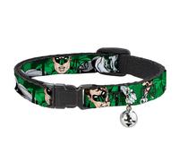 Cat Collar Breakaway with Bell Green Lantern Green Glow w/Text NARROW Fits 8.5-1