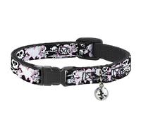 Cat Collar Breakaway with Bell Heart & Cross Bones w/Skulls & Splatter Black/Whi