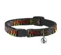 Cat Collar Breakaway with Bell I "Brain" ZOMBIES Black/Green/Red NARROW Fits 8.5