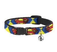 Cat Collar Breakaway with Bell Jagged Superman Shield CLOSE-UP Yellow/Blue/Red N