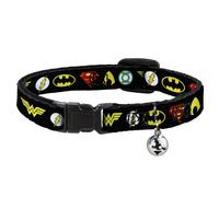 Cat Collar Breakaway with Bell Justice League 6-Superhero Logos Black NARROW Fit