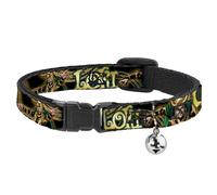Cat Collar Breakaway with Bell LOKI Poses Black/Gold/Green NARROW Fits 8.5-12"