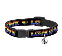Cat Collar Breakaway with Bell LOVE IS LOVE/Heart Black/Rainbow NARROW Fits 8.5-