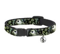 Cat Collar Breakaway with Bell Mike Poses/Eyeballs Black/Greens NARROW Fits 8.5-