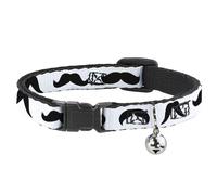 Cat Collar Breakaway with Bell Mustaches Straight White/Black NARROW Fits 8.5-12