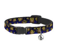 Cat Collar Breakaway with Bell Owls Scattered Black/Blue-Fade/Yellow NARROW Fits