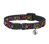 Cat Collar Breakaway with Bell Peace Hearts Stacked Black/Neon NARROW Fits 8.5-1