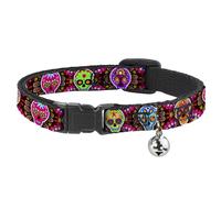 Cat Collar Breakaway with Bell Six Sugar Skulls Multi Color NARROW Fits 8.5-12"