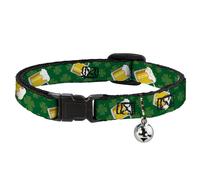 Cat Collar Breakaway with Bell St. Pat's Clovers/Beer Mugs Greens NARROW Fits 8.