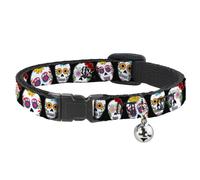 Cat Collar Breakaway with Bell Sugar Skull Outline Black/Multi Color NARROW Fits