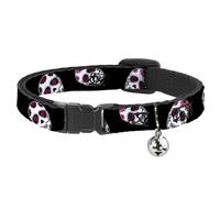 Cat Collar Breakaway with Bell Sugar Skulls Scattered Black/White/Fuchsia NARROW