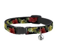 Cat Collar Breakaway with Bell Tropical Floral Collage Black/Red/Orange NARROW F