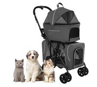 Cat Dog Pram Breathable Double Pet Stroller Travel Carrier, 4 Wheel Pet Dog Stroller Pushchair Lightweight Pet Strollers For Dogs And Cats, Great For Twin Or Multiple(Gray a)