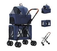 Cat Dog Strollers Pushchair Great For Twin Or Multiple, Foldable Double Pet Stroller For 2 Dogs/Cats, Double-layer Pet Trolley Breathable Travel Carrier Detachable Cage(Blue a)