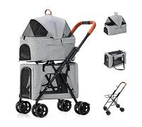 Cat Dog Strollers Pushchair Great For Twin Or Multiple, Foldable Double Pet Stroller For 2 Dogs/Cats, Double-layer Pet Trolley Breathable Travel Carrier Detachable Cage(Gray a)