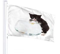 Cat Flag 3x5 FT Cute Animals Kitten Black Cat Eating Aquarium Gold Fish Outdoor Flags Large Welcome Yard Banners Home Garden Yard Lawn Decor White