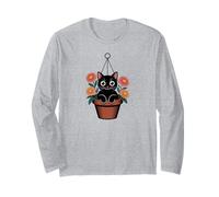Cat Flower Pot Floral Kitty Drawing Garden Gardening Maglia a Manica