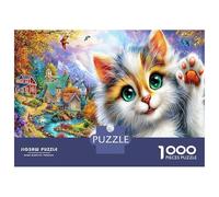 Cat in Flower Town Jigsaw Puzzle 1000 Pezzi Classici Per Adulti E Bambini ≥12 Anni Giochi Del Cervello Feline Art Per Appassionati Esperti Regalo Amore Amico Natale Compleanno 70x50cm/1000pcs