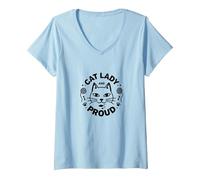 Cat Lady And Proud: Amante felino, Signora Gatto Senza Figli Maglietta con Collo a V, Donna, Celeste, L