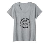 Cat Lady And Proud: Amante felino, Signora Gatto Senza Figli Maglietta con Collo a V, Donna, Grigio Melange, L