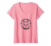 Cat Lady And Proud: Amante felino, Signora Gatto Senza Figli Maglietta con Collo a V, Donna, Rosa, L