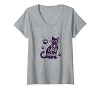 Cat Lady & Orgoglioso: Dichiarazione di Orgoglio degli Amanti dei felini Maglietta con Collo a V, Donna, Grigio Melange, L