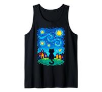Cat Looking At Starry Night Sky Colorful Moon Houses Stars Canotta