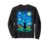 Cat Looking At Starry Night Sky Colorful Moon Houses Stars Felpa