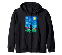 Cat Looking At Starry Night Sky Colorful Moon Houses Stars Felpa con Cappuccio