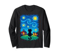 Cat Looking At Starry Night Sky Colorful Moon Houses Stars Maglia a Manica