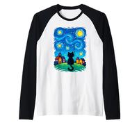 Cat Looking At Starry Night Sky Colorful Moon Houses Stars Maglia con Maniche Raglan