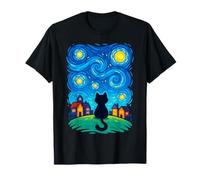 Cat Looking At Starry Night Sky Colorful Moon Houses Stars Maglietta