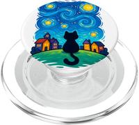 Cat Looking At Starry Night Sky Colorful Moon Houses Stars PopSockets PopGrip per MagSafe