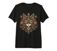 Cat Mom Floral Folk Art Amante dei Gatti Boho Feline Maglietta Premium