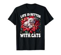 Cat Mom Life Is Better with Cats Graphic Christmas Floral Maglietta