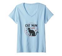 Cat Mom Life: Zampa Stravagante dell'amante dei felini, Gatto Maglietta con Collo a V, Donna, Celeste, L
