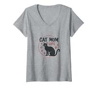 Cat Mom Life: Zampa Stravagante dell'amante dei felini, Gatto Maglietta con Collo a V, Donna, Grigio Melange, L